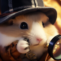 A hamster detective magnifying glass in paw sleuthing around a miniature crime scene - obrazy, fototapety, plakaty