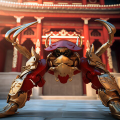 A valiant crab in ancient warrior armor defending the gates of a Sichuan palace