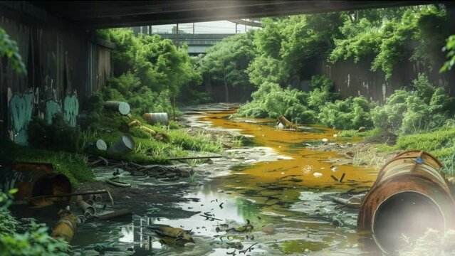 The environment bears the scars of a catastrophic chemical spill, its impact reverberating through the ecosystem, Seamless looping 4k video background animation