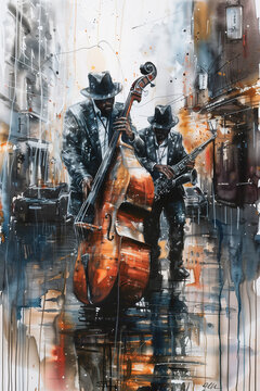 watercolor with jazz music band on the streets of New Orleans. Music day, international jazz day.