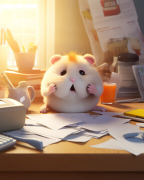 Frustrated hamster at a miniature desk overwhelmed by tiny paperwork