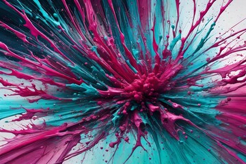 Immortalizing a Mesmerizing Moment with Vibrant Magenta and Cyan Paint Splatters, Crafted with Exquisite Precision Through the Lens of an HD Camera, Unveiling an Abstract Spectacle Rich in Stunning De