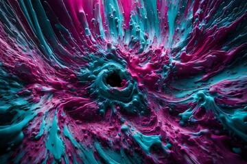 Immortalizing a Mesmerizing Moment with Vibrant Magenta and Cyan Paint Splatters, Crafted with Exquisite Precision Through the Lens of an HD Camera, Unveiling an Abstract Spectacle Rich in Stunning De