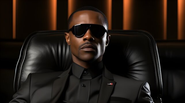 A man in a black choma key suit with black sunglasses, dark background