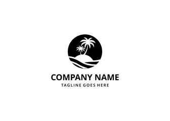 Palm tree logo design vector illustration with sun, moon and sea silhouette. Vector logo design template.