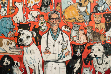  Cheerful Veterinarian with a Collection of Diverse and Happy Pets