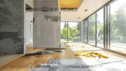 A modern, minimalist home that is being rebuilt and renovated. Generative Ai.