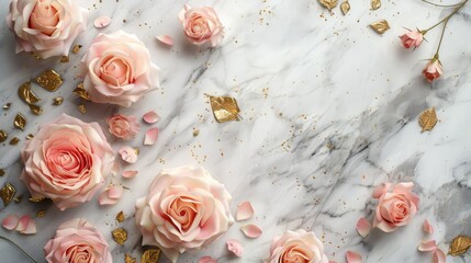 Blush pink flowers set against a white marble backdrop. Generative Ai.