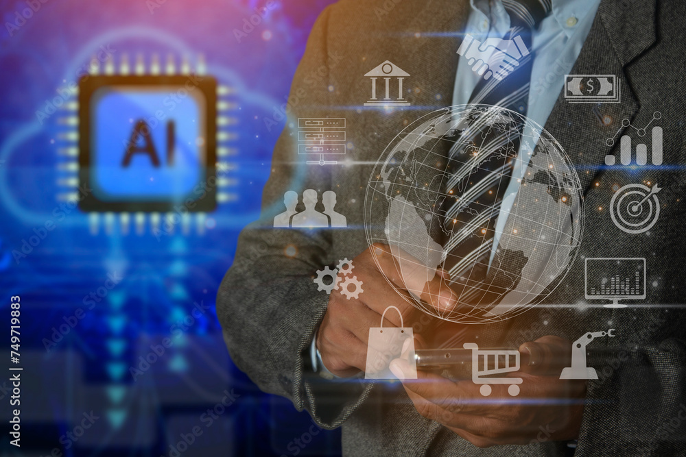 Poster businessman using mobile smart phone. ai tech, artificial intelligence. connection application techn