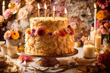 Obraz na płótnie Canvas An Intimate Portrait of Birthday Cake Artistry, Revealing Delicate Piped Buttercream Frosting, Edible Floral Embellishments, and Luxurious Gilded Accents. Bask in the Radiance of Candlelight and Fest
