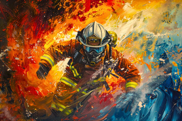 Heroic Firefighter Battling Blaze in a Dramatic Colorful Abstract Artwork