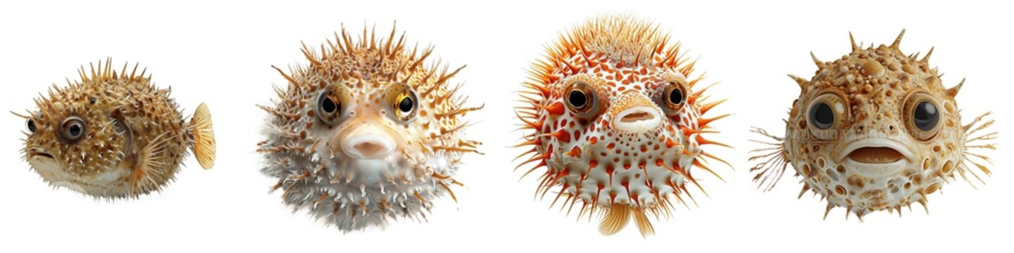 Set of pufferfish isolated on transparent background