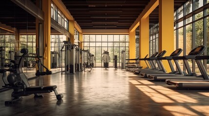 Photo of gym interior with equipment. - obrazy, fototapety, plakaty