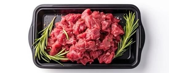 A black container holds fresh minced raw meat next to a vibrant sprig of rosemary, all set against a white background.
