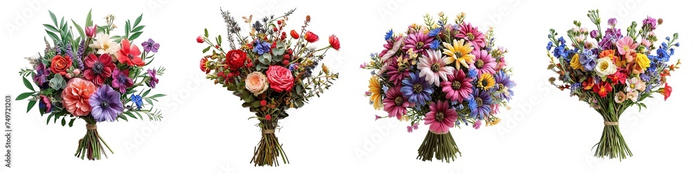 Wall mural set of bouquets of different flowers isolated on transparent background