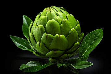 Black background with a fresh artichoke isolated on it. AI generation.
