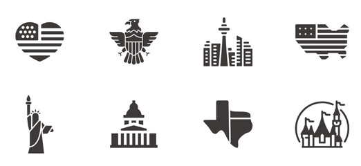Fototapeta premium Icons related to USA. Buildings, flags and symobls about United States of America.