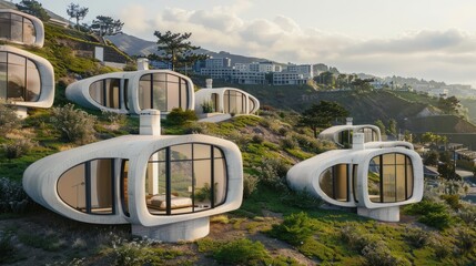 3d printed home in the top of a hill, in the background a neighborhood on the hills, many under construction concrete 3d printed homes with curvature architecture, evergreens