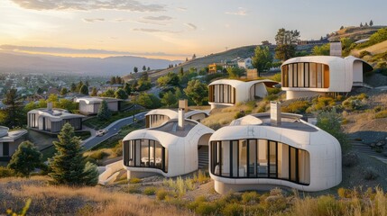3d printed home in the top of a hill, in the background a neighborhood on the hills, many under construction concrete 3d printed homes with curvature architecture, evergreens