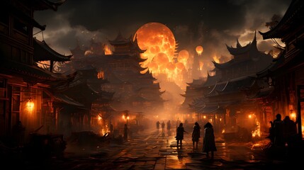 In ancient China, the Qin Dynasty, in the busy street, playing with the hoop of fire, Concept Art, scenery shot