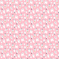 Pink Cute Ghost seamless pattern clipart halloween illustration 

