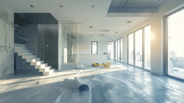 A modern, minimalist home that is being rebuilt and renovated. Generative Ai.