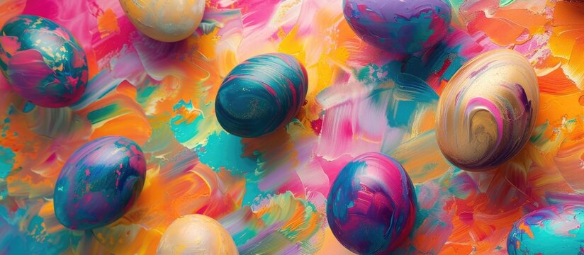 A painting depicting a variety of colorful eggs placed on a vibrant surface, creating a festive and cheerful atmosphere. Each egg is uniquely decorated with bright colors and patterns, adding to the