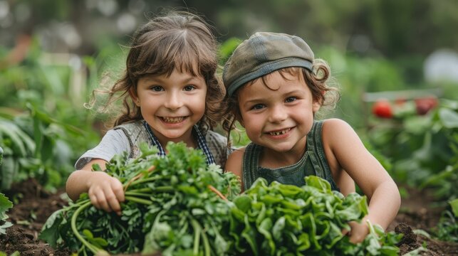 Two kids harvesting fresh veggies. Generative Ai.