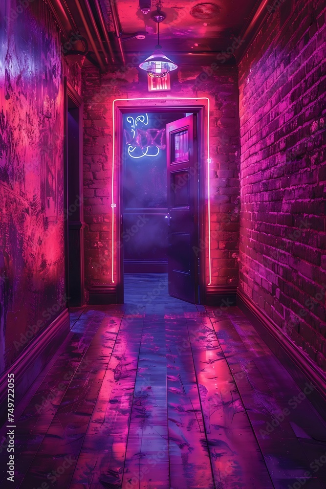 Poster generative ai : rays neon light on neon brick wall. empty scene.
