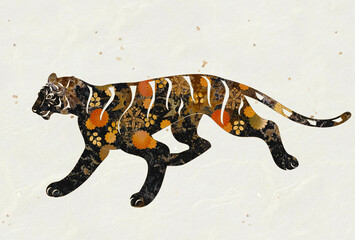 華やかな植物模様で装飾された走る虎　寅年　年賀状デザイン