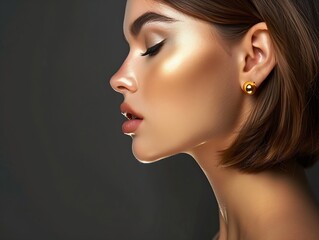 Fototapeta premium Generative AI : Beauty Model Face with perfect Nose and Full Lips Make up side view. Sexy Girl Glamour Portrait