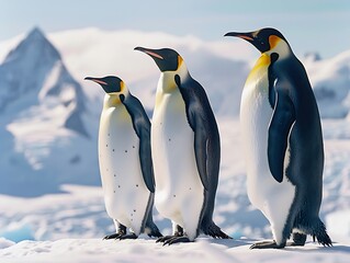Generative AI : king penguins on South Georgia Island Antarctica, sky and ice mountain background
