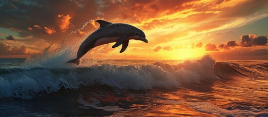 A dolphin leaps out of the water, illuminated by the beautiful sunset over the sea, creating a stunning visual moment.