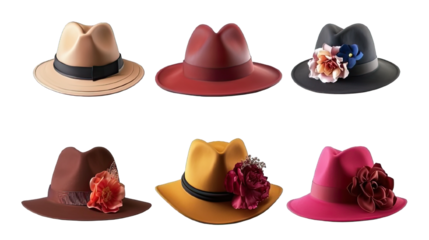 Collection of PNG. Stylish women and men derby fedora hats and in different colors decorated with flowers isolated on a transparent background.