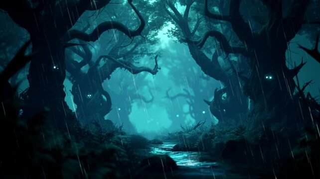 At the stroke of midnight, the forest becomes a labyrinth of twisted shadows, where every rustle of leaves sounds like a ghostly whisper, Seamless looping 4k video background animation