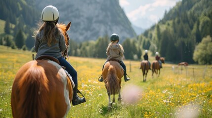 Kids galloping across the Alps Horse ranches in Austria. Generative Ai.