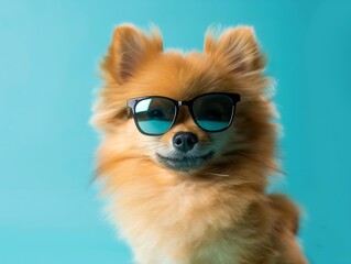 Generative AI : A pomeranian spitz puppy is wearing sunglasses. Pomeranian dog with blue backdrop and copy space. - obrazy, fototapety, plakaty