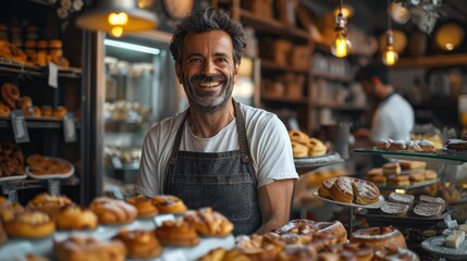 Broad view of the happy pastry shop owner. Generative Ai.