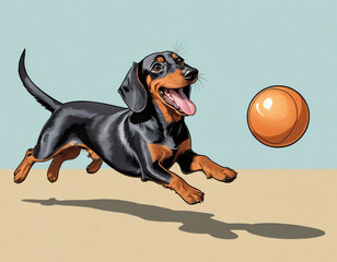 dog playing with ball , dachshund
