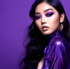 Fashion editorial Concept. Closeup portrait of stunning asian pretty woman with chiseled features, purple violet paint makeup. illuminated dynamic composition and dramatic lighting. copy text space