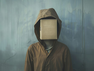 Anonymous Figure with a Cardboard Box Head Against a Blue Background