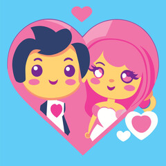 happy wedding love heart style sticker, bride and groom, vector illustration kawaii