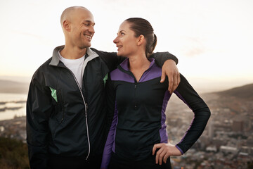 Happy couple, fitness and mountain with hug for workout, exercise or outdoor training together....