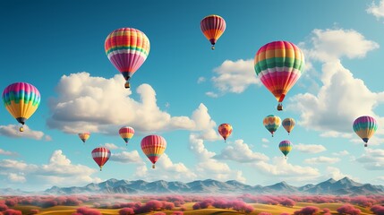 Obraz premium A row of colorful hot air balloons floating in a cloudless sky