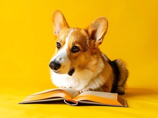 Generative AI : Cute corgi dog reading the book on yellow background