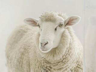 Generative AI : Cute sheep on glass field, farm animal