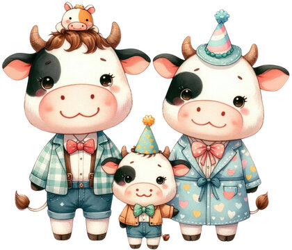 watercolor animal family cow family father mother baby png