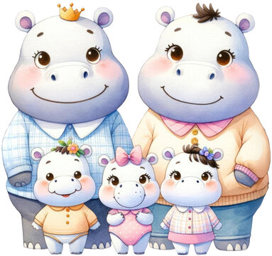 watercolor animal family hippo family father mother baby png