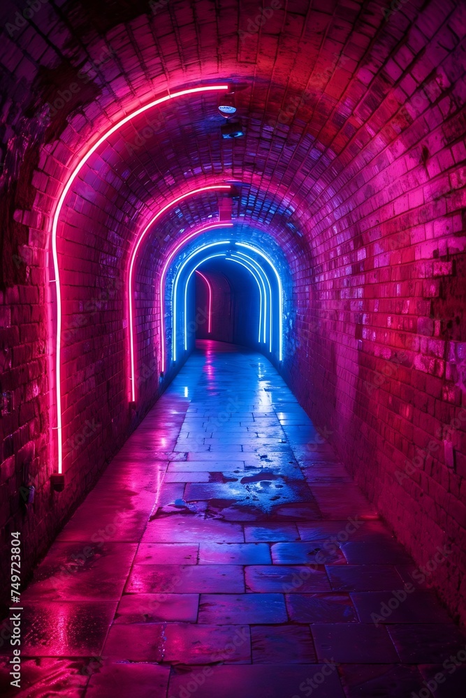 Poster generative ai : rays neon light on neon brick wall. empty scene.