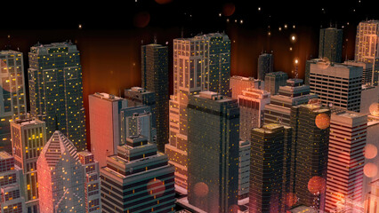 Obraz premium aerial view of buildings with night sky, bokeh and orange aurora lights